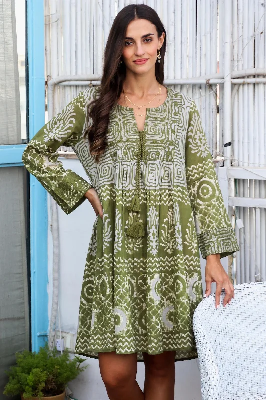 Cool Green Screen Printed Embroidered Cotton Dress European