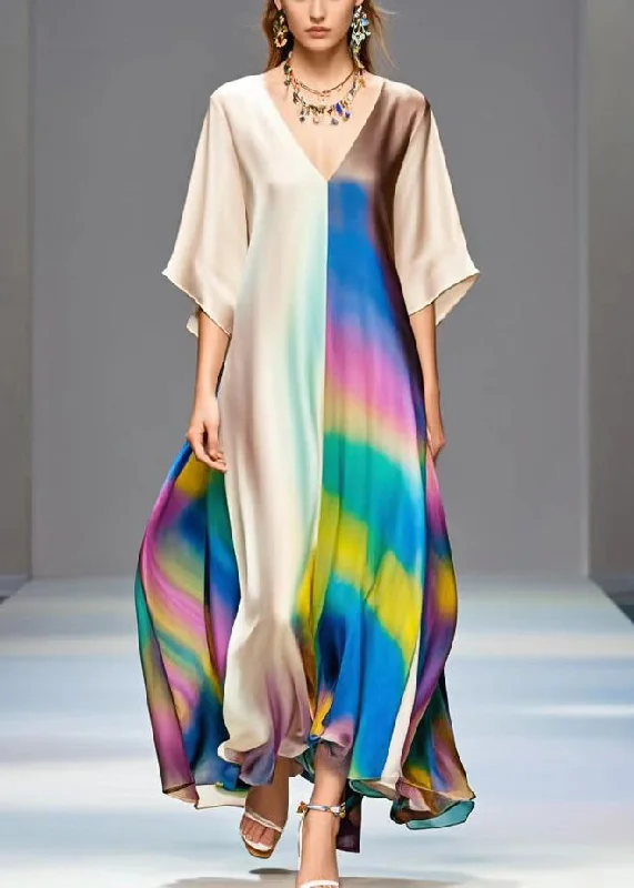 DIY Colorblock Asymmetrical Patchwork Tie Dye Silk Dresses Summer garde