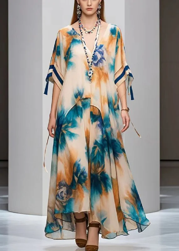 DIY Khaki Oversized Print Chiffon Maxi Dresses Fall Feminine Women's Soft 