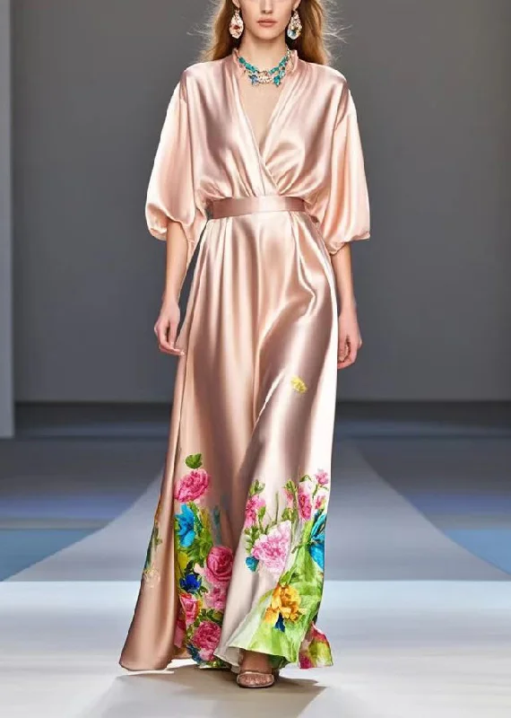 Diy Nude Cinched Floral Print Silk Robe Dresses Summer Country