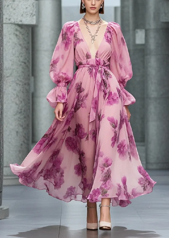 Diy Pink Deep-V Neck Print Chiffon Vacation Dresses Fall Refined Women's 