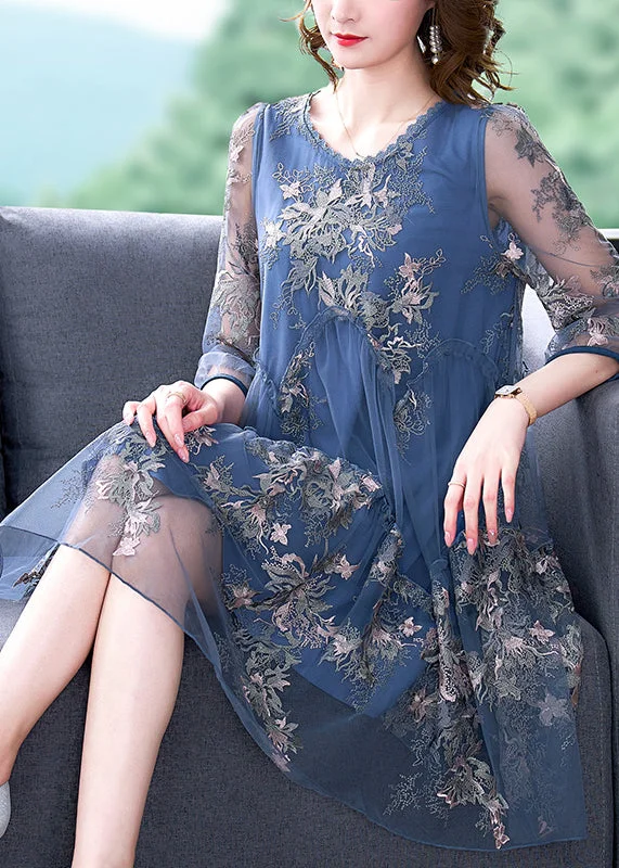 Elegant Blue O-Neck Embroideried Patchwork Tulle Vacation Dresses Half Sleeve Stylish Women's Tropical Elegant Blue O-Neck Embroideried Patchwork Tulle Vacation Dresses Half Sleeve Stylish Women's Tropical