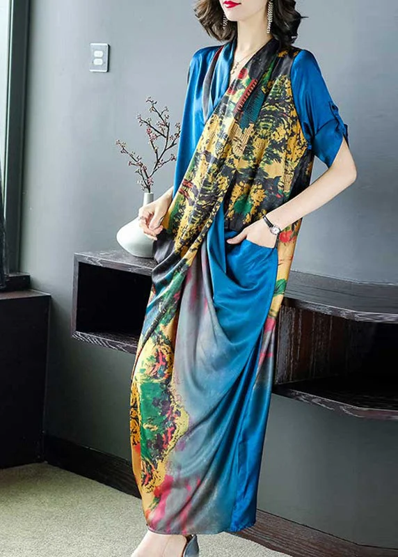 Elegant Blue V Neck Asymmetrical Design Print Satin Dresses Half Sleeve Scandinavian Elegant Blue V Neck Asymmetrical Design Print Satin Dresses Half Sleeve Scandinavian