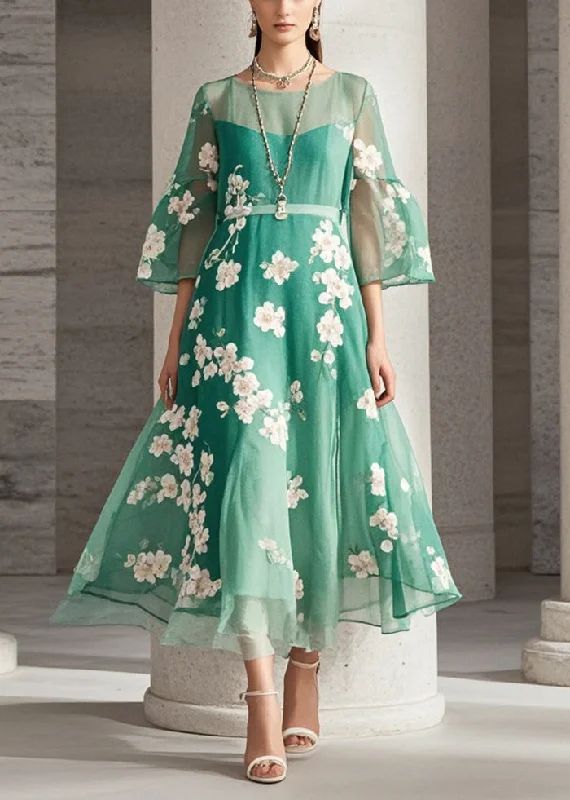 Elegant Green Print Chiffon Long Dresses Summer Luxurious Women's High -  end
