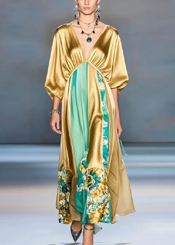 Elegant Orange Deep-V Neck Patchwork Silk Maxi Dresses Batwing Sleeve Street