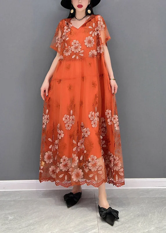 Elegant Orange V Neck Print Wrinkled Tulle Long Dresses Short Sleeve Traditional Women's Elegant Orange V Neck Print Wrinkled Tulle Long Dresses Short Sleeve Traditional Women's