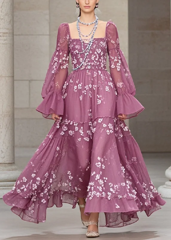 Elegant Purple Print Chiffon Dresses Exra Large Hem Fall Bold Women's Statement