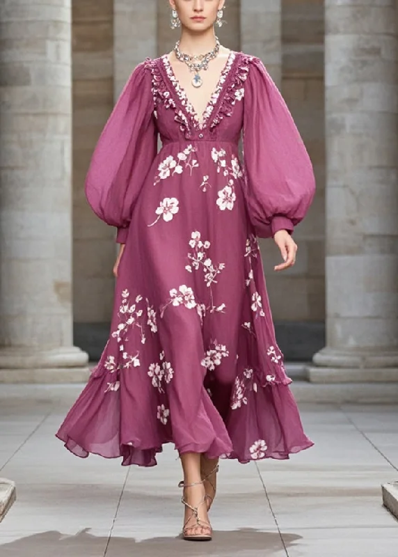 Elegant Purple Ruffled Print Chiffon Robe Dresses Fall Contemporary 