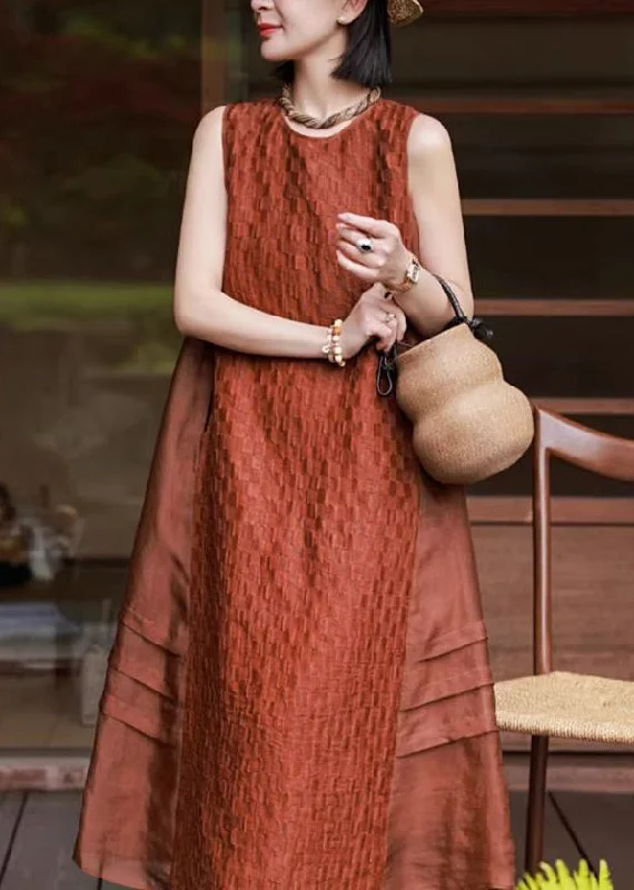 Elegant Red O Neck Patchwork Cotton Long Dresses Sleeveless Laid - back Women's Vibe Elegant Red O Neck Patchwork Cotton Long Dresses Sleeveless Laid - back Women's Vibe