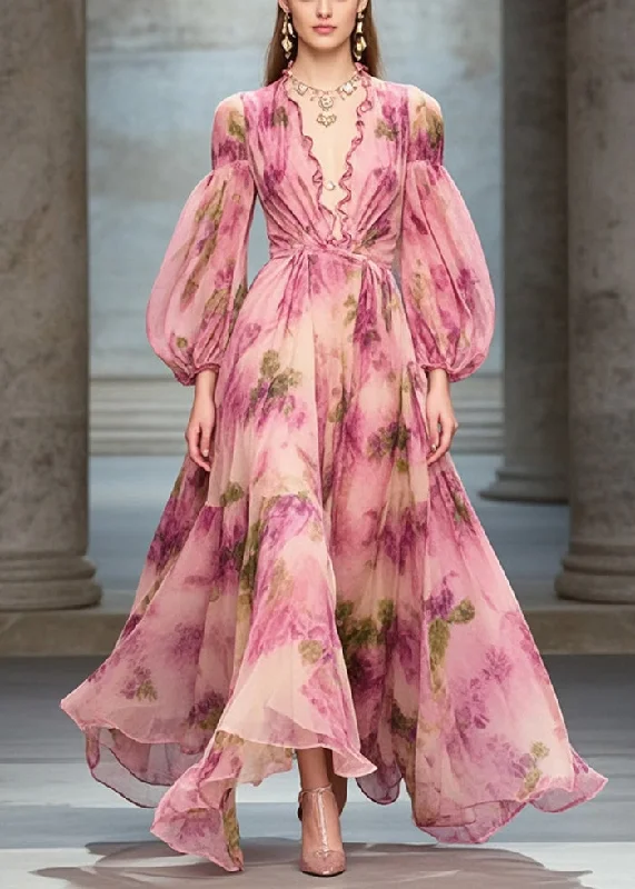 Elegant Rose Ruffled Print Exra Large Hem Chiffon Party Dresses Fall Confident Women's Power