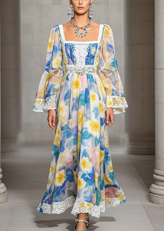 Elegant Square Collar Print Chiffon Full Dresses Fall Laid - back Women's Style