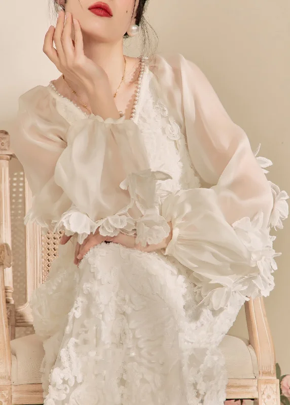 Elegant White V Neck Floral Tulle Maxi Dresses Fall Preppy Women's College