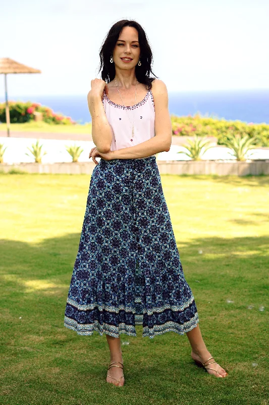 Fascinating Evening Floral Motif Rayon Skirt in Blue from Thailand Trendy Women's Oversized Fascinating Evening Floral Motif Rayon Skirt in Blue from Thailand Trendy Women's Oversized
