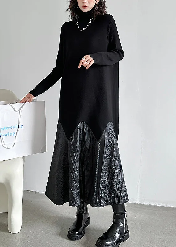 Fashion Black High Neck Patchwork Knit Long Dresses Fall Confident Women's High - fashion Fashion Black High Neck Patchwork Knit Long Dresses Fall Confident Women's High - fashion