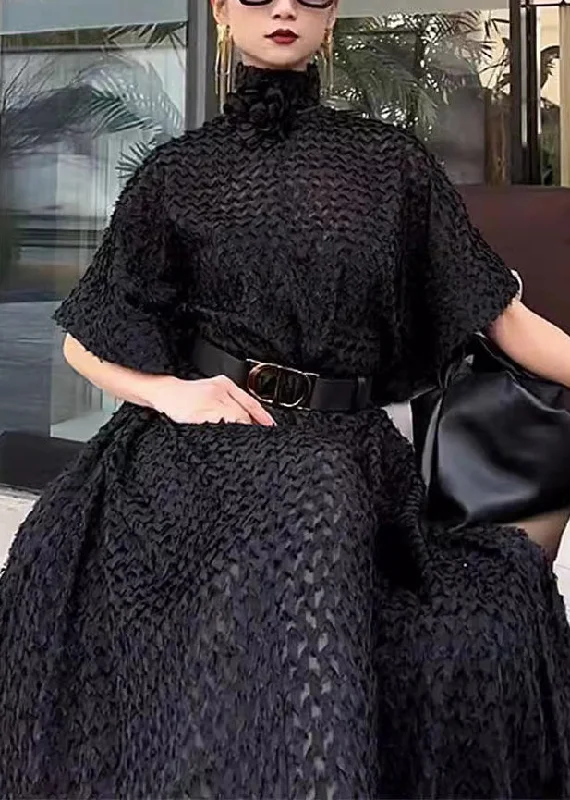 Fashion Black Hign Neck Tie Waist Cotton Dresses Fall Trendy Women's Oversized