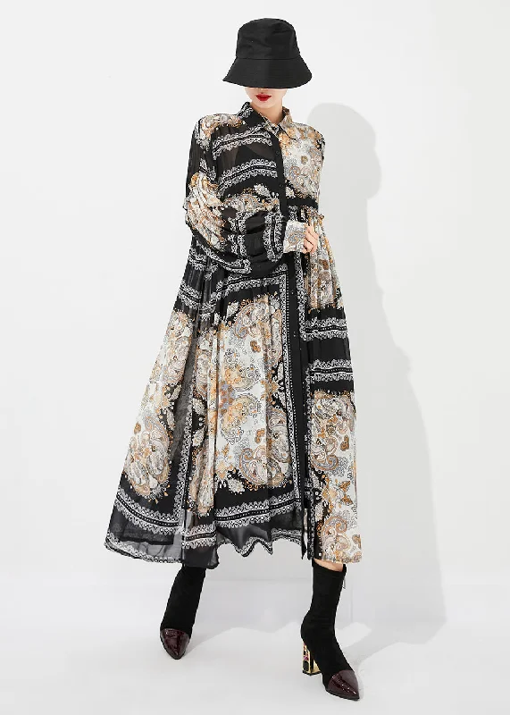 Fashion Black Print Oversized Wrinkled Chiffon Long Dresses Spring Women
