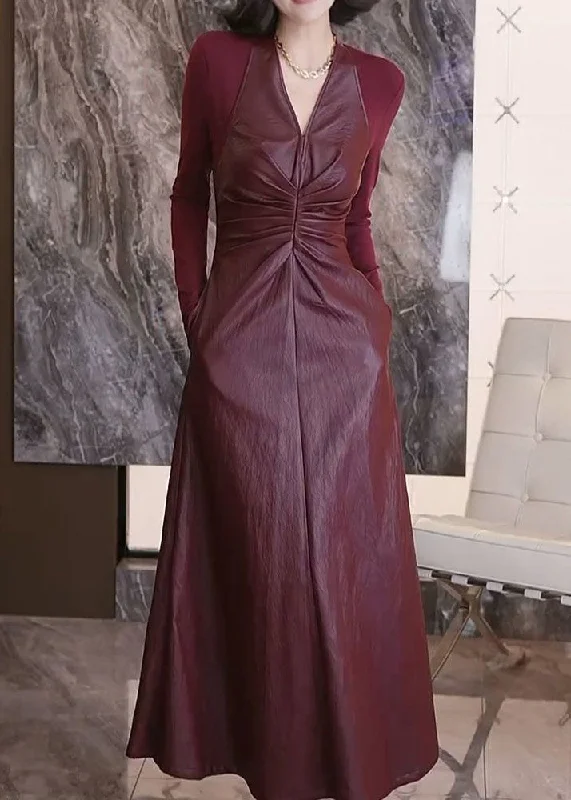 Fashion Mulberry V Neck Patchwork Faux Leather Dresses Fall Casual Women's Loose - fitting Fashion Mulberry V Neck Patchwork Faux Leather Dresses Fall Casual Women's Loose - fitting