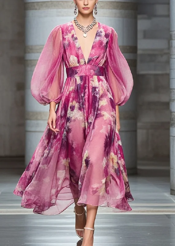 Fashion Rose Cinched Print Chiffon Robe Dresses Bracelet Sleeve Youthful Women's Pop Fashion Rose Cinched Print Chiffon Robe Dresses Bracelet Sleeve Youthful Women's Pop