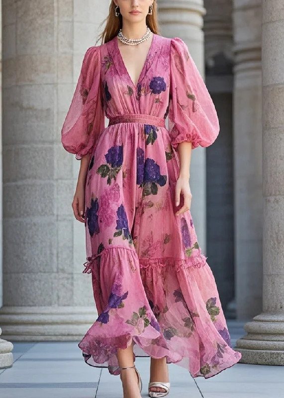 Fashion Rose Cinched Print Chiffon Robe Dresses Summer Gym