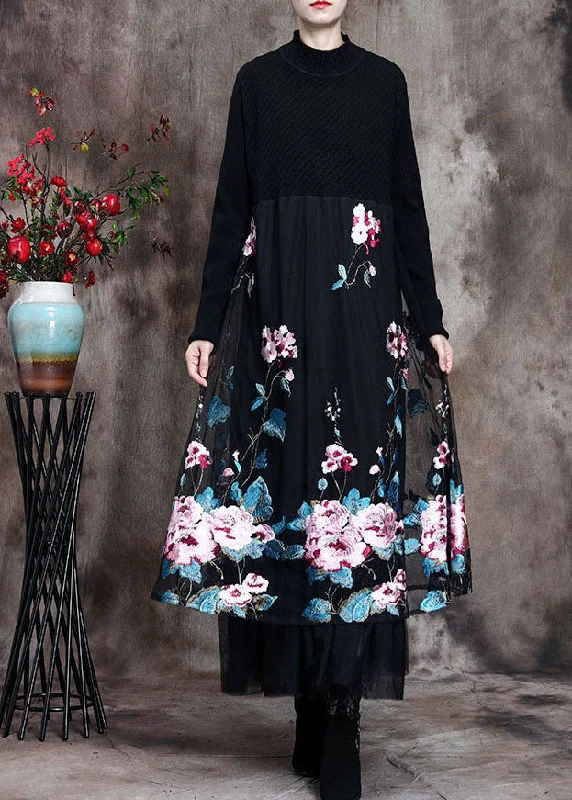 Fine Black Lace Patchwork Knit Robe Dresses Spring Vintage Women's 1970S 