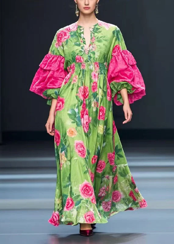 Fine Green Puff Sleeve Floral Silk Velvet Maxi Dresses Fall Street