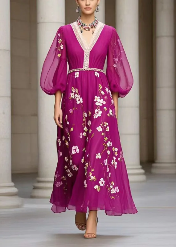 Fine Purple Print Exra Large Hem Chiffon Dresses Lantern Sleeve Disco