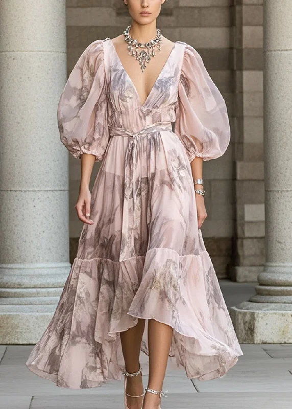 Fitted Pink Cinched Print Chiffon Robe Dresses Puff Sleeve Relaxed Women's 