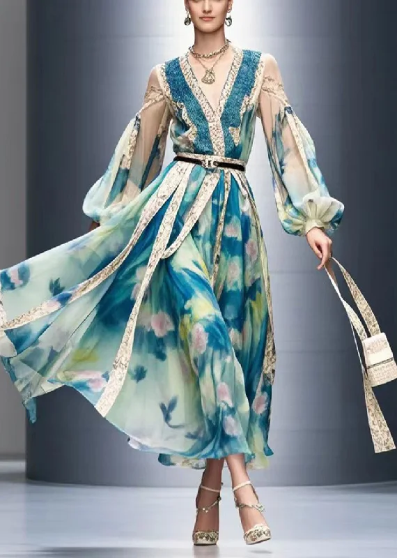 French Blue Cold Shoulder Print Chiffon Full Dresses Fall Bold Women's Animal Print French Blue Cold Shoulder Print Chiffon Full Dresses Fall Bold Women's Animal Print