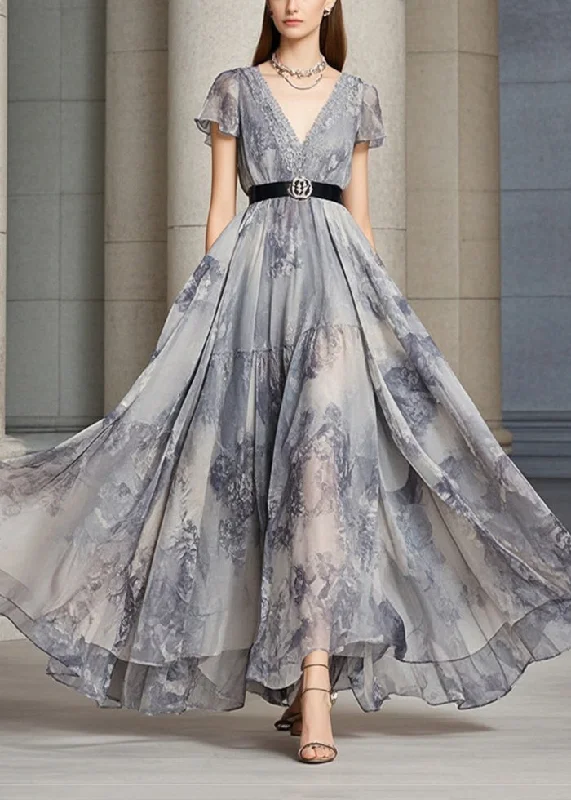 French Grey Cinched Exra Large Hem Chiffon Party Dresses Summer Laid - back Women's Style French Grey Cinched Exra Large Hem Chiffon Party Dresses Summer Laid - back Women's Style