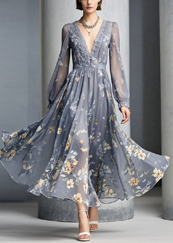 French Grey V Neck Print Chiffon Party Dresses Fall Earthy Women's Hemp - based