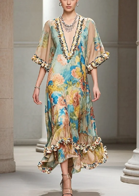 French Khaki Ruffled Print Chiffon Long Dresses Summer Luxurious Women's High - end French Khaki Ruffled Print Chiffon Long Dresses Summer Luxurious Women's High - end