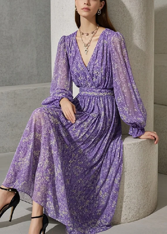 French Lavender Cinched Print Chiffon Robe Dresses Fall Vintage Women's 1970S 