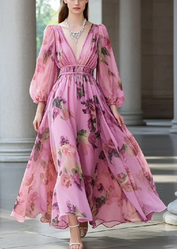 French Pink V Neck Cinched Print Chiffon Party Dresses Fall Elegant Women's 