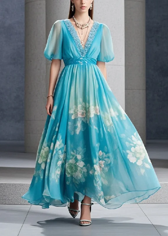 French Sea Blue Print Exra Large Hem Chiffon Long Dresses Summer purpose