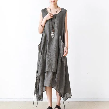 Gray asymmetrical cotton dresses summer maxi dresses sleeveless Earthy Women's Hemp - based Gray asymmetrical cotton dresses summer maxi dresses sleeveless Earthy Women's Hemp - based