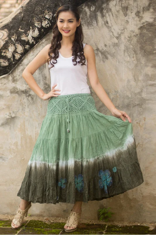 Green Boho Chic Long Cotton Batik and Crochet Skirt from Thailand Casual Women's Loose - fitting Green Boho Chic Long Cotton Batik and Crochet Skirt from Thailand Casual Women's Loose - fitting