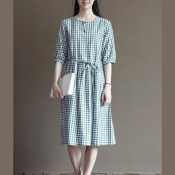Green plaid sundress cotton summer fit flare dresses vintage style Artistic Women's Hand - painted Green plaid sundress cotton summer fit flare dresses vintage style Artistic Women's Hand - painted