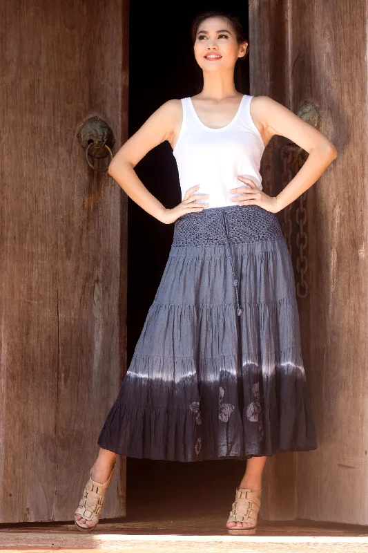 Grey Boho Chic Long Cotton Batik and Crochet Skirt from Thailand Refined Women's Classic Grey Boho Chic Long Cotton Batik and Crochet Skirt from Thailand Refined Women's Classic