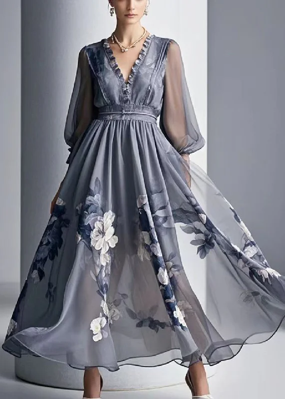 Grey Print Chiffon Dresses Ruffled Exra Large Hem Summer Elegant Women's Formal 