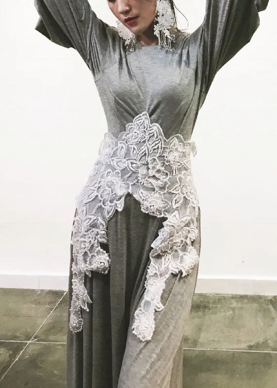 Handmade Grey Tulle Nail Bead Patchwork Cotton Long Dresses Lantern Sleeve Practical Women's Quick - dry