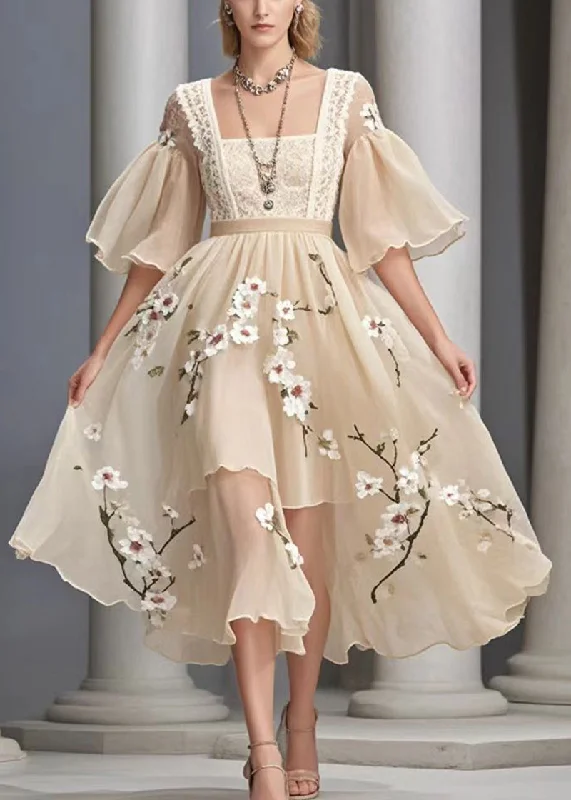 Handmade Khaki Plum Blossom Chiffon Vacation Dresses Summer Earthy Women's Hemp - based
