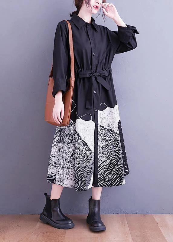 Handmade Lapel Tie Waist Clothes Work Outfits Black Abstract pattern Maxi Dresses Casual Women's Loose - fitting