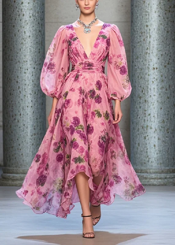 Italian Rose Cinched Print Chiffon Long Dresses Lantern Sleeve Modern Women's 