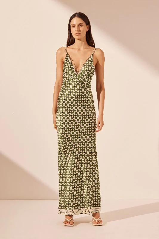 KAHLO SILK CONTRAST CROSS STRAP MAXI DRESS Cozy Women's Sherpa - lined