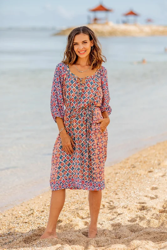 Kelud Crisscross Printed Rayon Tunic-Style Dress Crafted in Bali Stylish Women's Neon Kelud Crisscross Printed Rayon Tunic-Style Dress Crafted in Bali Stylish Women's Neon