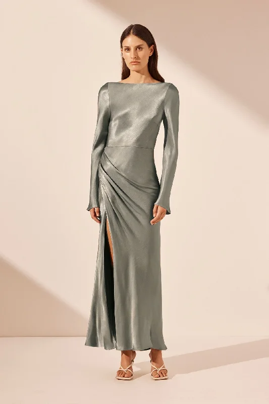 LA LUNE FLARED SLEEVE SIDE SPLIT MIDI DRESS - SAGE Sporty Women's Athleisure 