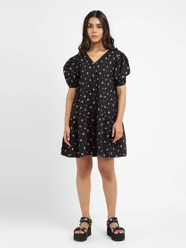 Women's Floral Print Round Neck Dress Classic Women's Pin - striped
