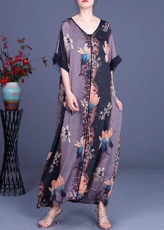Loose Grey Print V Neck Short Sleeve Chiffon Vacation Dresses European