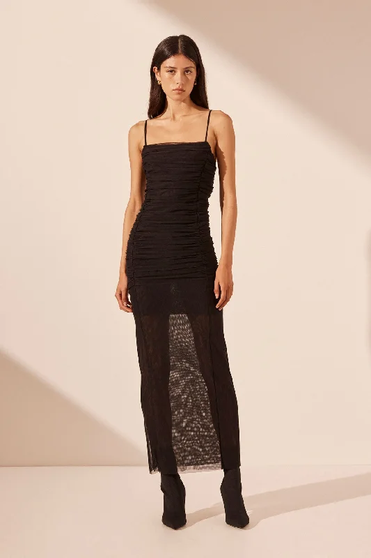 MIRA OPEN BACK RUCHED MIDI DRESS - BLACK Practical Women's Multi - 