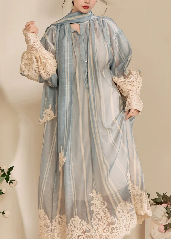 Modern Blue Bow Print Lace Patchwork Maxi Dresses Fall Minimalist Women's Casual